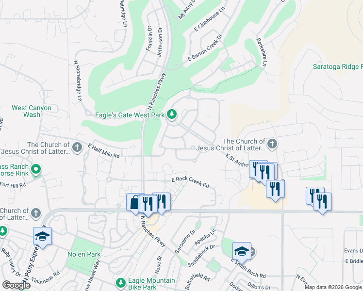 map of restaurants, bars, coffee shops, grocery stores, and more near 3669 Royal Troon Drive in Eagle Mountain