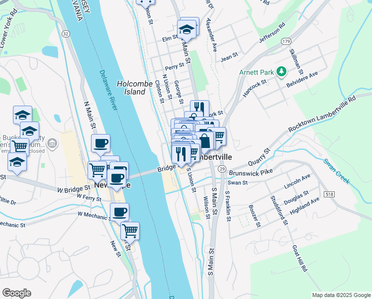map of restaurants, bars, coffee shops, grocery stores, and more near 5 Gordons Alley in Lambertville