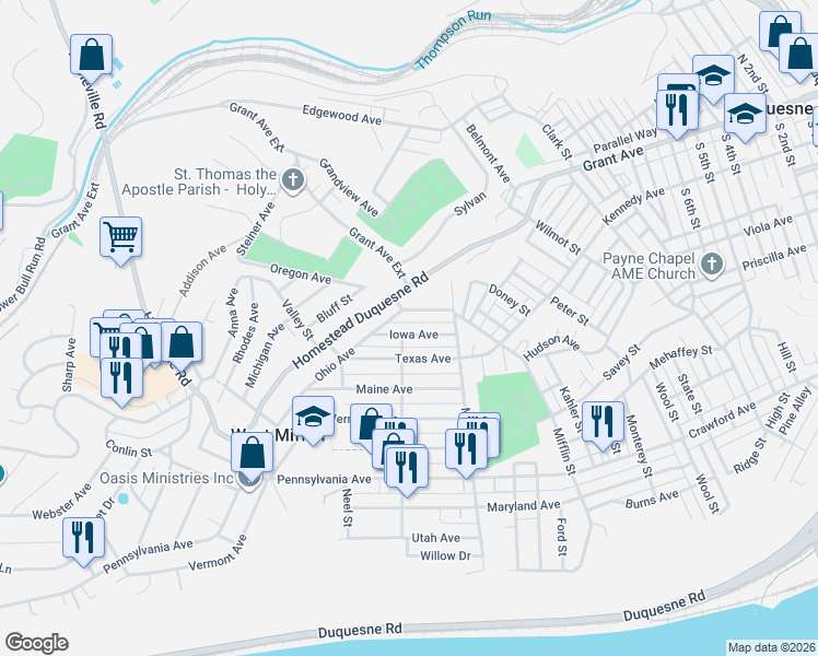 map of restaurants, bars, coffee shops, grocery stores, and more near 1800 Iowa Street in West Mifflin