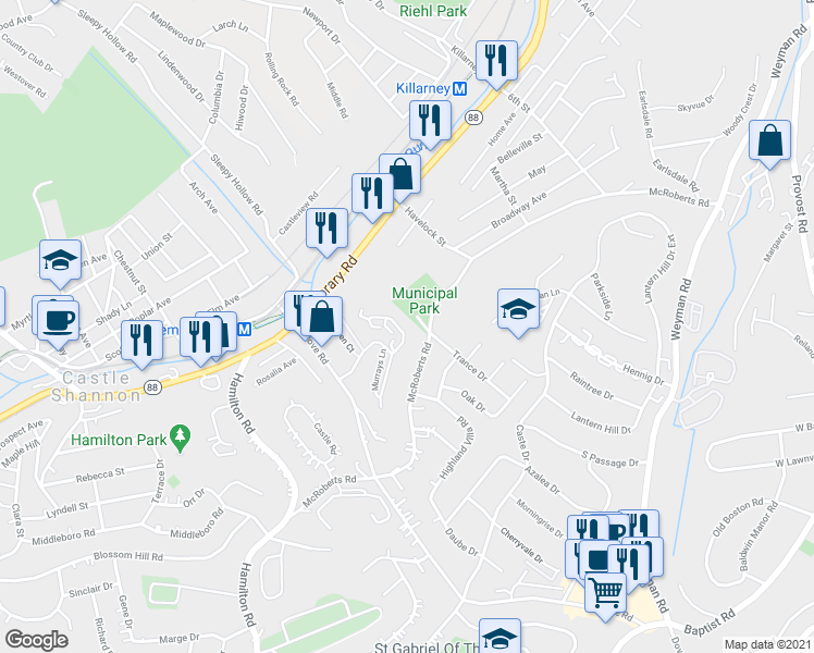 map of restaurants, bars, coffee shops, grocery stores, and more near 313 Murrays Lane in Pittsburgh