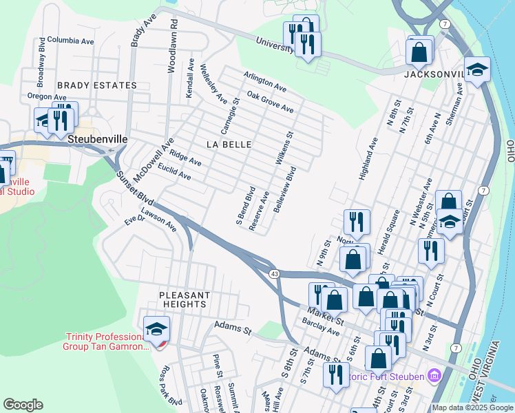 map of restaurants, bars, coffee shops, grocery stores, and more near 328 Reserve Avenue in Steubenville