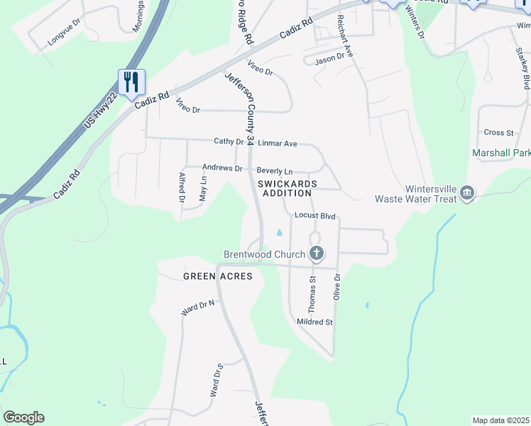 map of restaurants, bars, coffee shops, grocery stores, and more near 500 Bantam Ridge Road in Wintersville