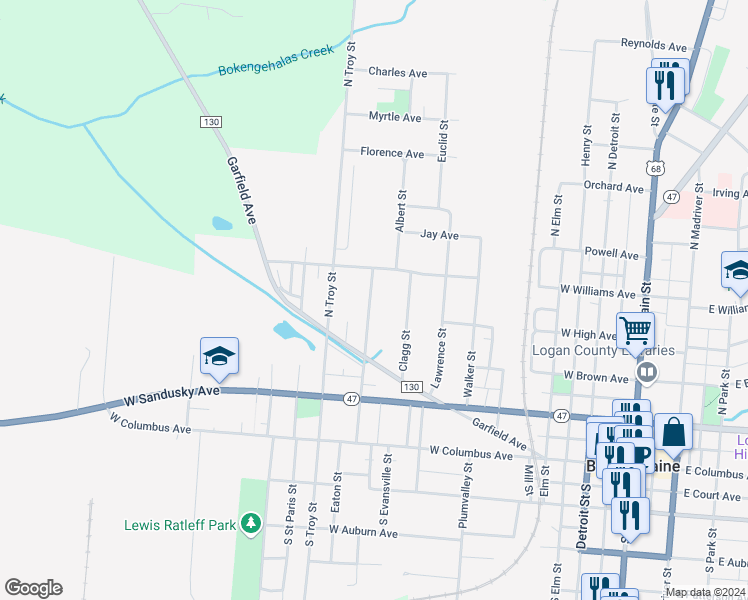 map of restaurants, bars, coffee shops, grocery stores, and more near 400 North West Street in Bellefontaine