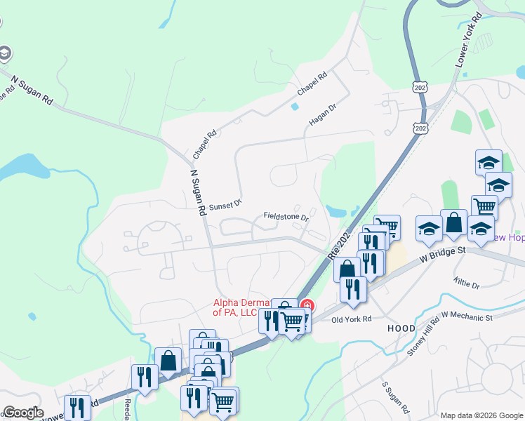 map of restaurants, bars, coffee shops, grocery stores, and more near 311 Fieldstone Drive in New Hope