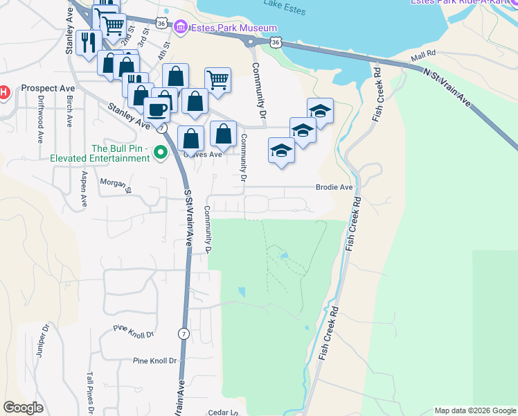 map of restaurants, bars, coffee shops, grocery stores, and more near 1449 Matthew Circle in Estes Park