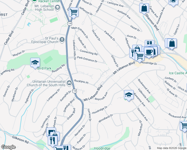 map of restaurants, bars, coffee shops, grocery stores, and more near 185 Crestvue Manor Drive in Pittsburgh