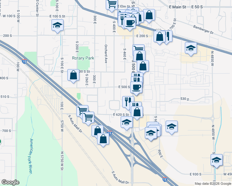 map of restaurants, bars, coffee shops, grocery stores, and more near 533 South 400 East in American Fork