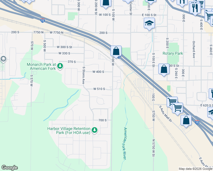 map of restaurants, bars, coffee shops, grocery stores, and more near 100 West 510 South in American Fork