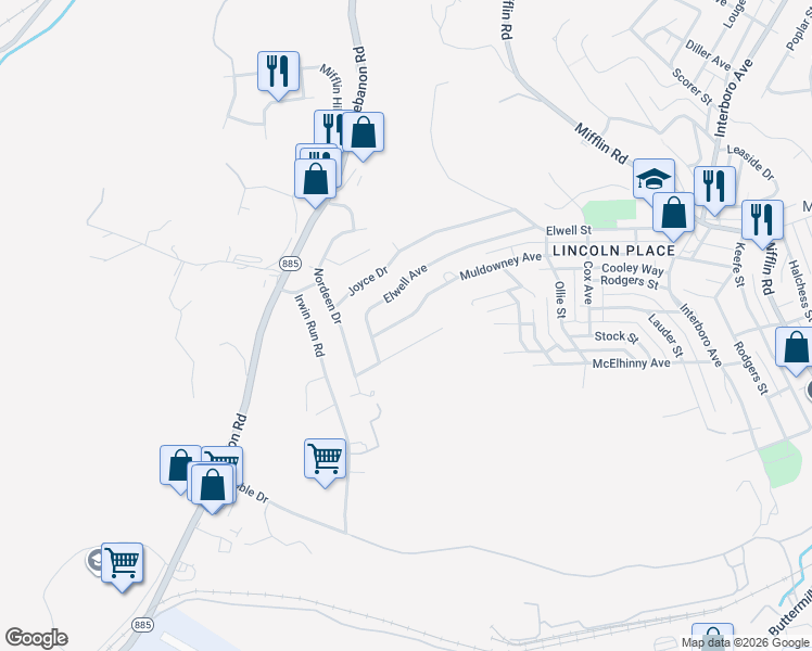 map of restaurants, bars, coffee shops, grocery stores, and more near 728 Muldowney Avenue in West Mifflin