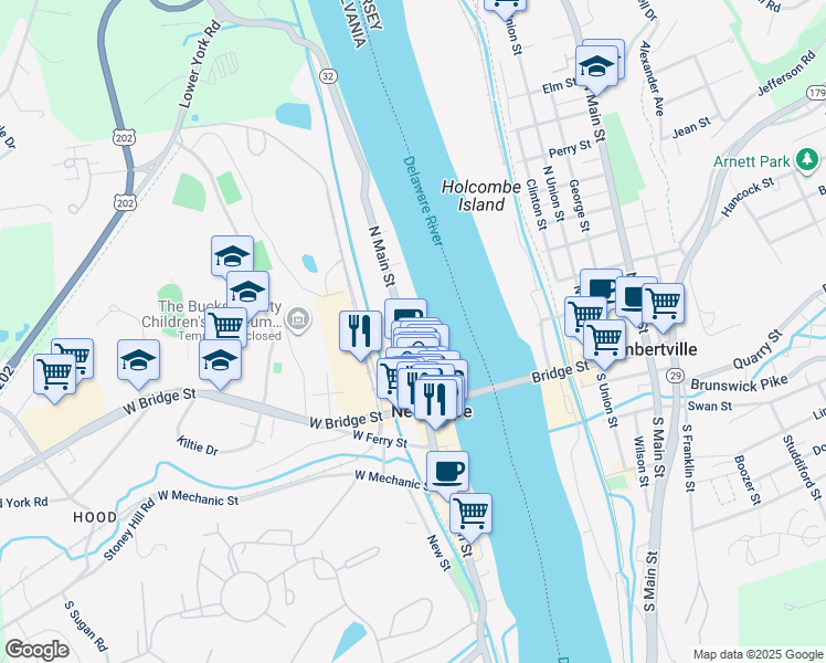 map of restaurants, bars, coffee shops, grocery stores, and more near 68 North Main Street in New Hope
