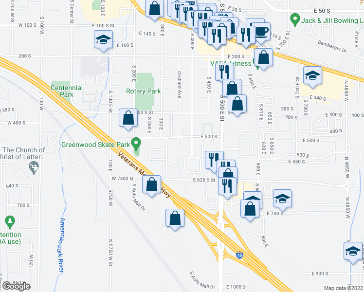 map of restaurants, bars, coffee shops, grocery stores, and more near 533 South 360 East in American Fork