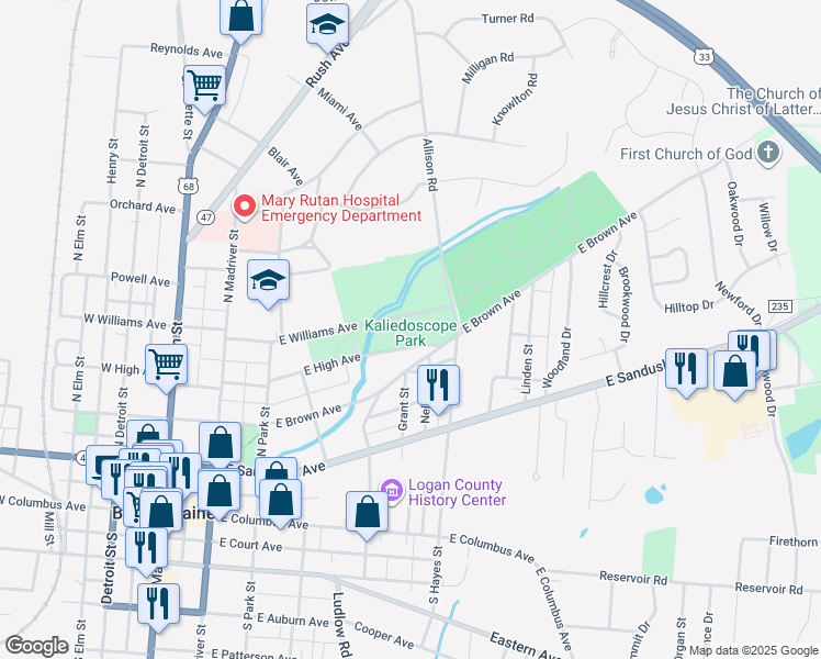 map of restaurants, bars, coffee shops, grocery stores, and more near 401429 East Williams Avenue in Bellefontaine
