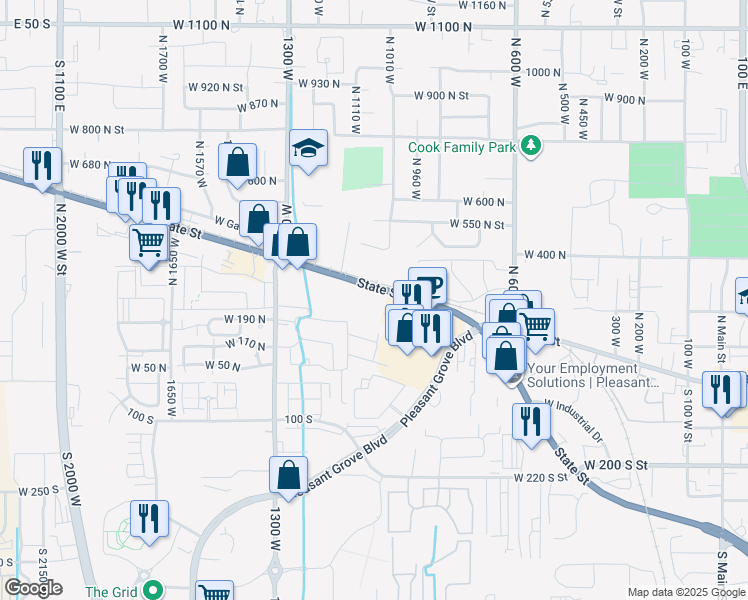 map of restaurants, bars, coffee shops, grocery stores, and more near 1031 West State Street in Pleasant Grove