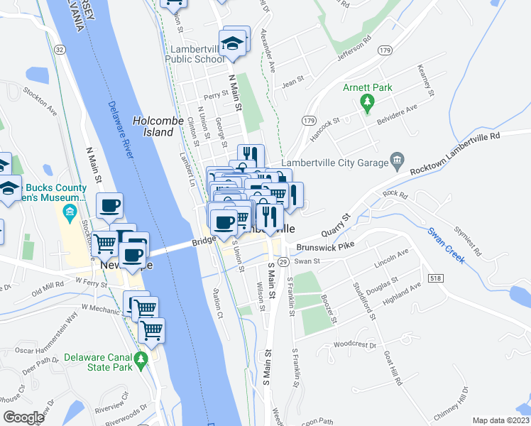 map of restaurants, bars, coffee shops, grocery stores, and more near 16 North Main Street in Lambertville