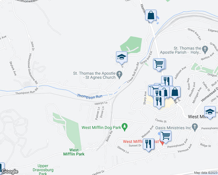 map of restaurants, bars, coffee shops, grocery stores, and more near 520 Saint Agnes Lane in West Mifflin