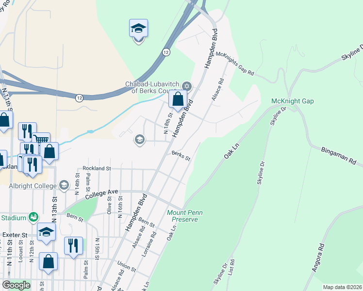 map of restaurants, bars, coffee shops, grocery stores, and more near 2150 Alsace Road in Reading