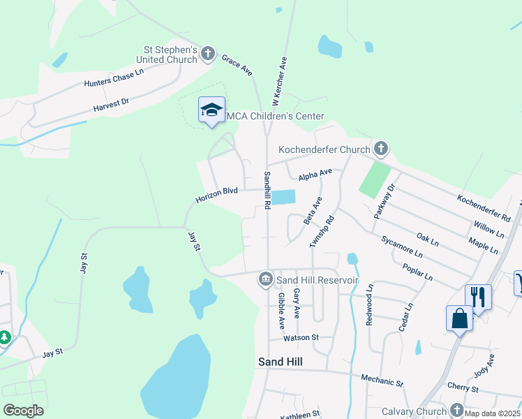 map of restaurants, bars, coffee shops, grocery stores, and more near 1533 Sandhill Road in Lebanon