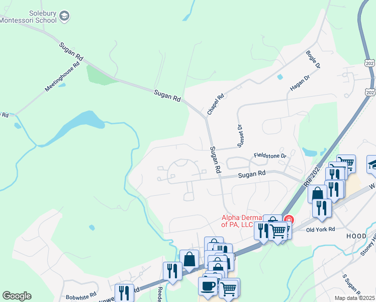 map of restaurants, bars, coffee shops, grocery stores, and more near 201 Creekside Drive in New Hope