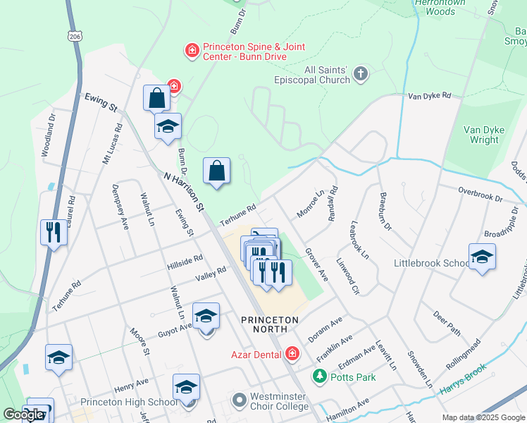 map of restaurants, bars, coffee shops, grocery stores, and more near 375 Terhune Road in Princeton