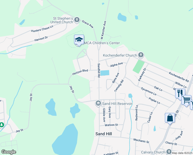 map of restaurants, bars, coffee shops, grocery stores, and more near 1533 Sandhill Road in Lebanon