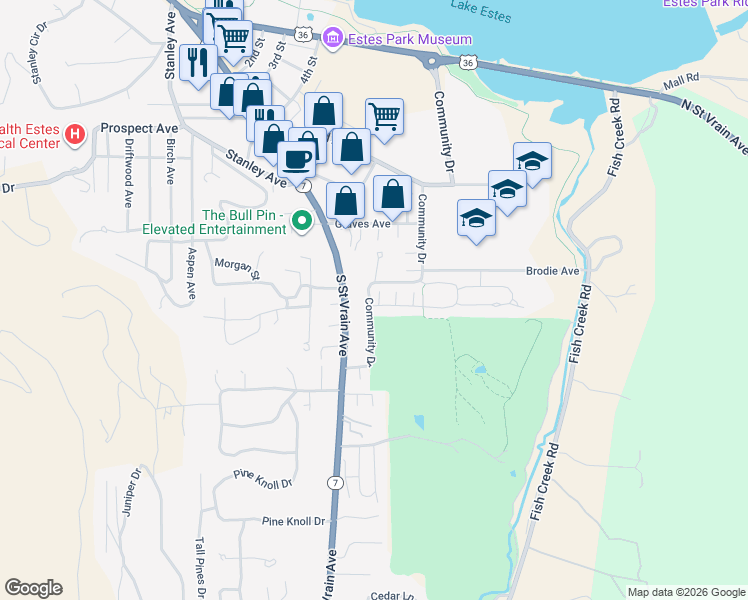 map of restaurants, bars, coffee shops, grocery stores, and more near 737 Birdie Lane in Estes Park