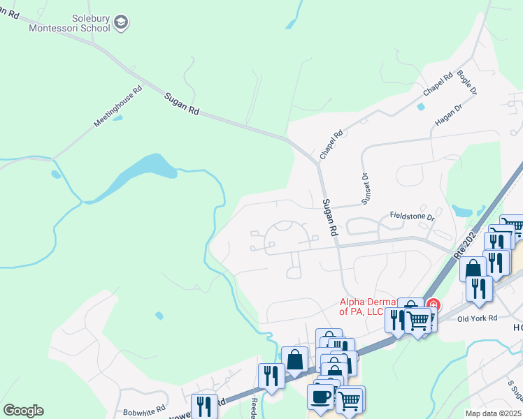 map of restaurants, bars, coffee shops, grocery stores, and more near 211 Creekside Drive in New Hope