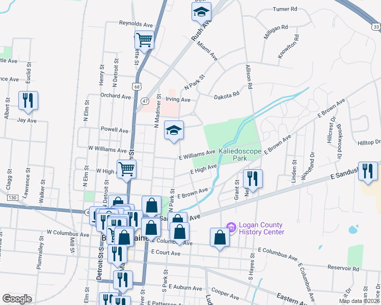 map of restaurants, bars, coffee shops, grocery stores, and more near 317 East Williams Avenue in Bellefontaine