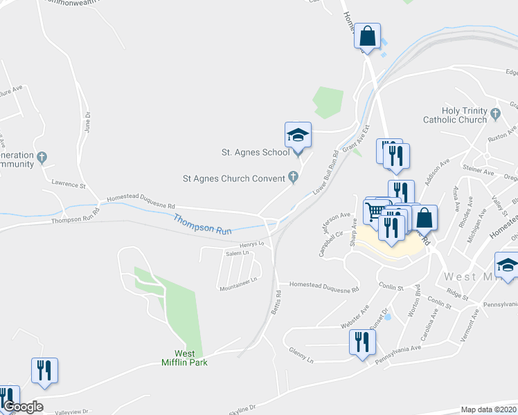 map of restaurants, bars, coffee shops, grocery stores, and more near 505 Saint Agnes Lane in West Mifflin