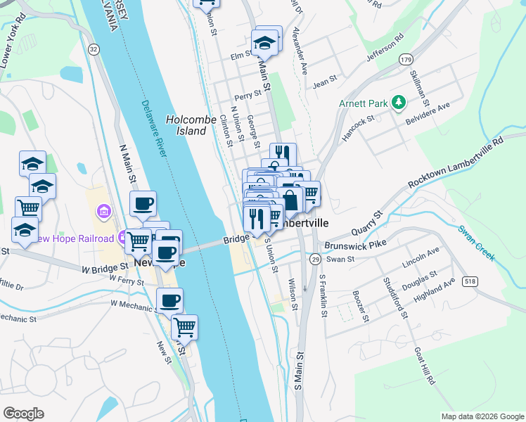 map of restaurants, bars, coffee shops, grocery stores, and more near 5 Gordons Alley in Lambertville