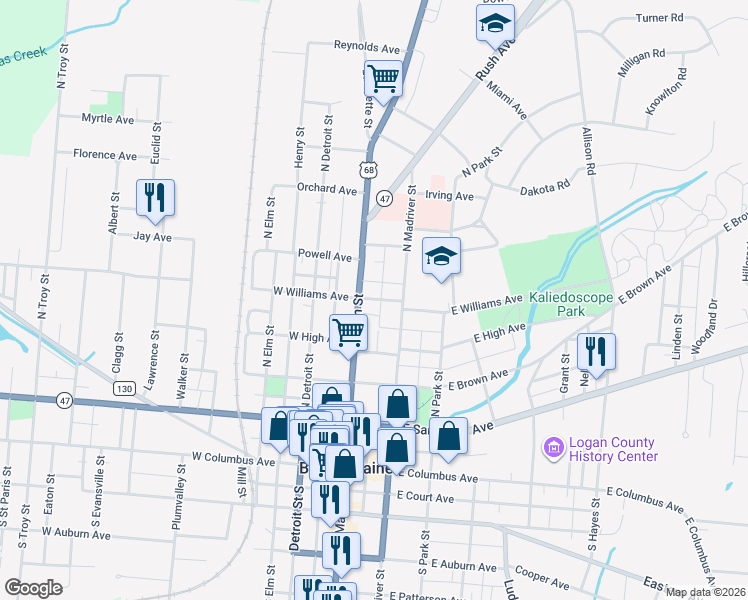 map of restaurants, bars, coffee shops, grocery stores, and more near 104 Williams Avenue in Bellefontaine