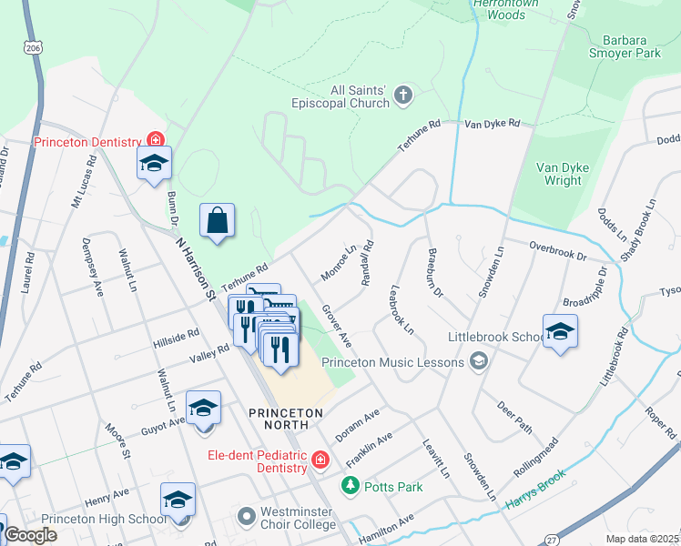 map of restaurants, bars, coffee shops, grocery stores, and more near 24 Monroe Lane in Princeton