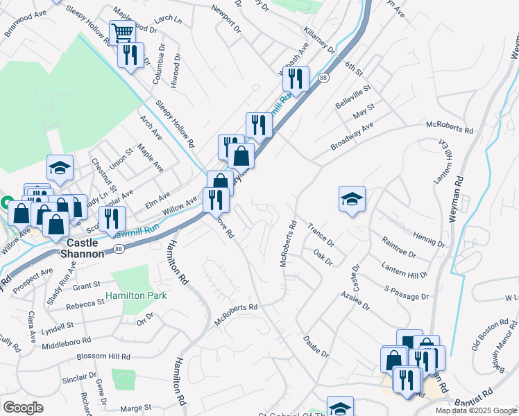map of restaurants, bars, coffee shops, grocery stores, and more near 266 Murrays Lane in Pittsburgh