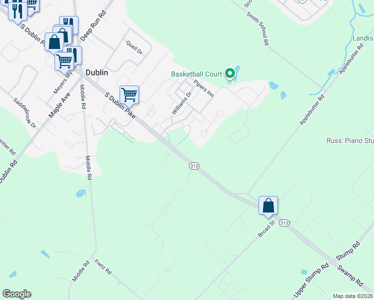 map of restaurants, bars, coffee shops, grocery stores, and more near 351 South Dublin Pike in Perkasie