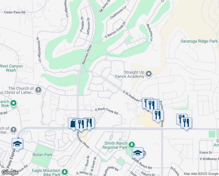 map of restaurants, bars, coffee shops, grocery stores, and more near 3751 Royal Troon Drive in Eagle Mountain