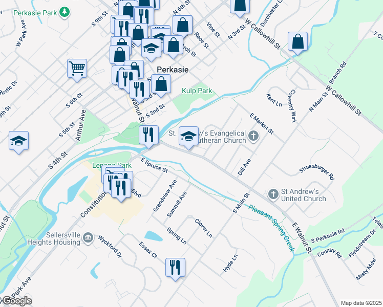 map of restaurants, bars, coffee shops, grocery stores, and more near 219 East Walnut Street in Perkasie