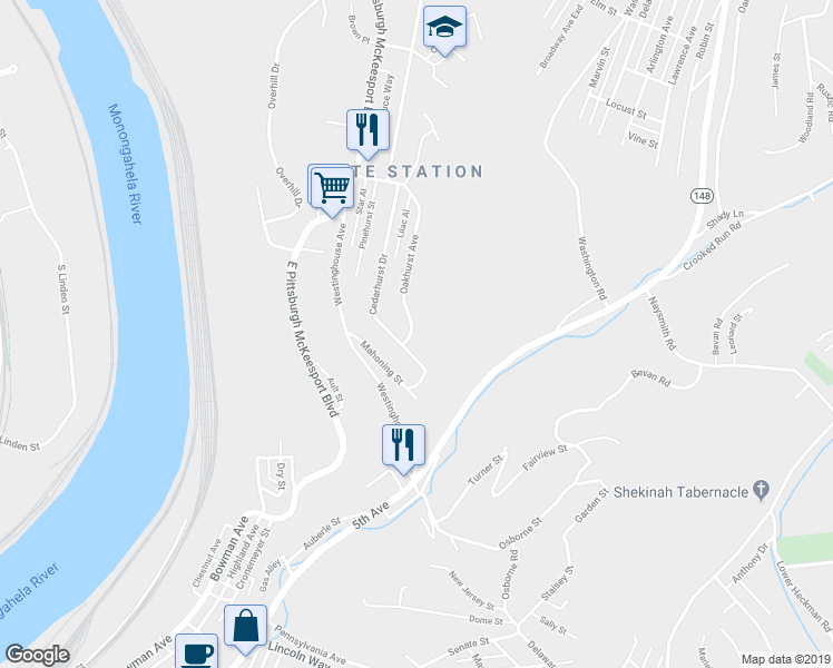 map of restaurants, bars, coffee shops, grocery stores, and more near 402 Oakhurst Avenue in North Versailles