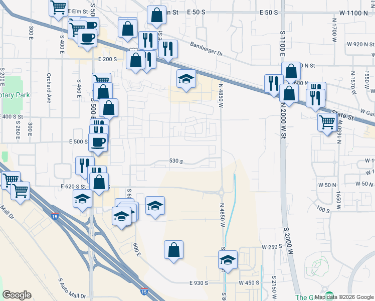 map of restaurants, bars, coffee shops, grocery stores, and more near 734 East 500 South in American Fork