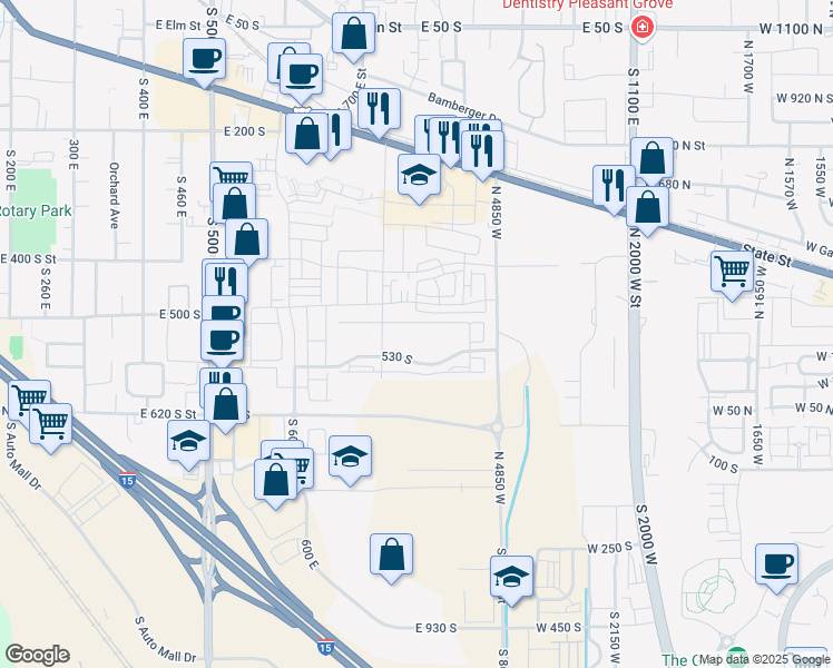 map of restaurants, bars, coffee shops, grocery stores, and more near 734 East 500 South in American Fork