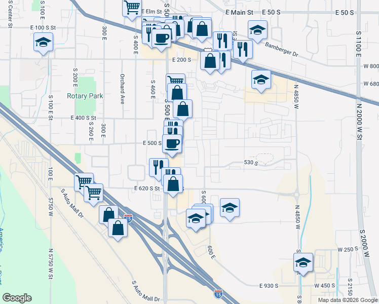 map of restaurants, bars, coffee shops, grocery stores, and more near 585 South 500 East in American Fork