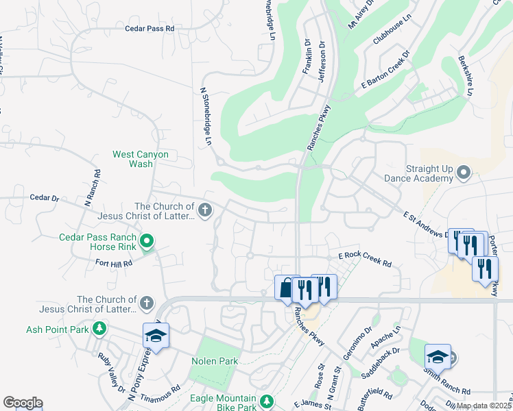 map of restaurants, bars, coffee shops, grocery stores, and more near 3362 Kennekuk Lane in Eagle Mountain