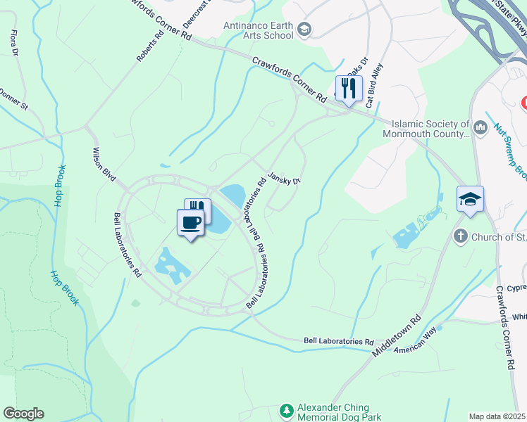 map of restaurants, bars, coffee shops, grocery stores, and more near 25 Langton Drive in Holmdel