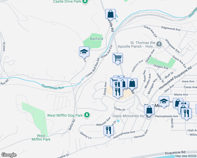 map of restaurants, bars, coffee shops, grocery stores, and more near 2508 Jefferson Avenue in West Mifflin