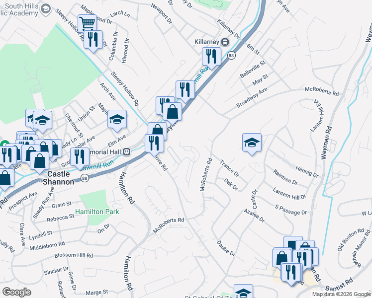 map of restaurants, bars, coffee shops, grocery stores, and more near 266 Murrays Lane in Pittsburgh