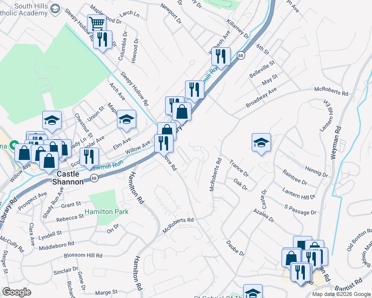 map of restaurants, bars, coffee shops, grocery stores, and more near 266 Murrays Lane in Pittsburgh