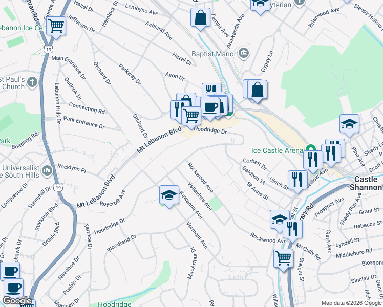 map of restaurants, bars, coffee shops, grocery stores, and more near 310 Hoodridge Drive in Pittsburgh