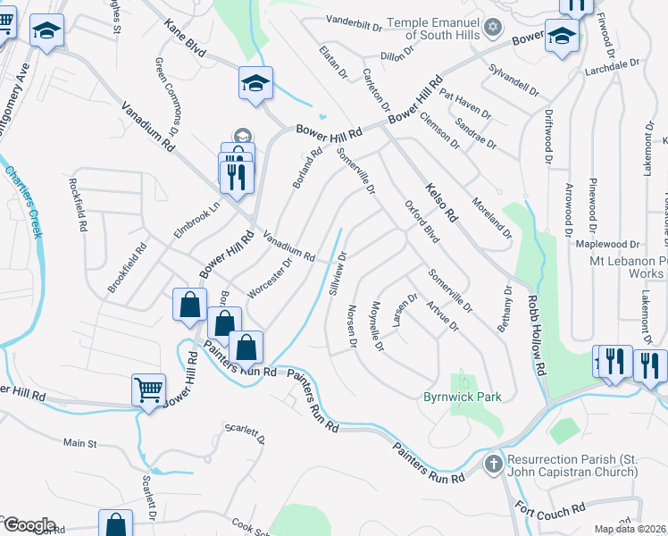 map of restaurants, bars, coffee shops, grocery stores, and more near 1710 Sillview Drive in Pittsburgh