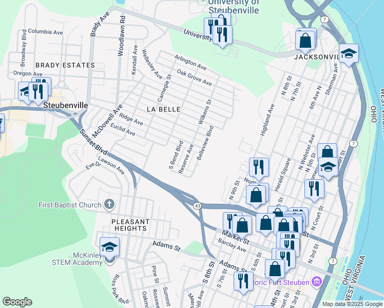 map of restaurants, bars, coffee shops, grocery stores, and more near 328 Reserve Avenue in Steubenville