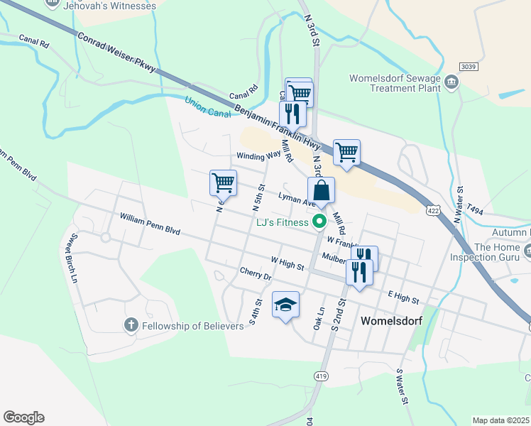 map of restaurants, bars, coffee shops, grocery stores, and more near 434 Good Avenue in Womelsdorf