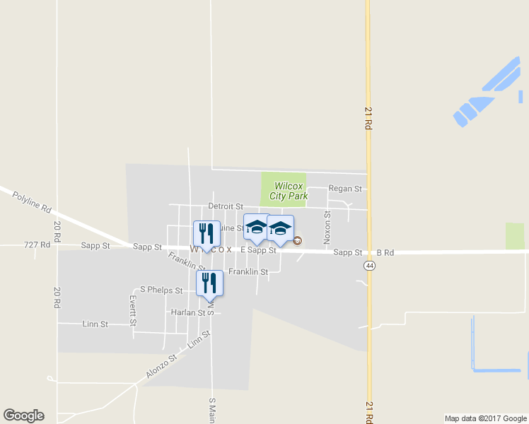 map of restaurants, bars, coffee shops, grocery stores, and more near 212 North Clegg Street in Wilcox