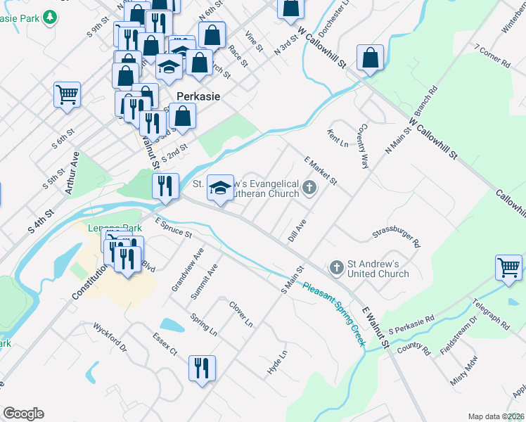map of restaurants, bars, coffee shops, grocery stores, and more near 114 Virginia Avenue in Perkasie